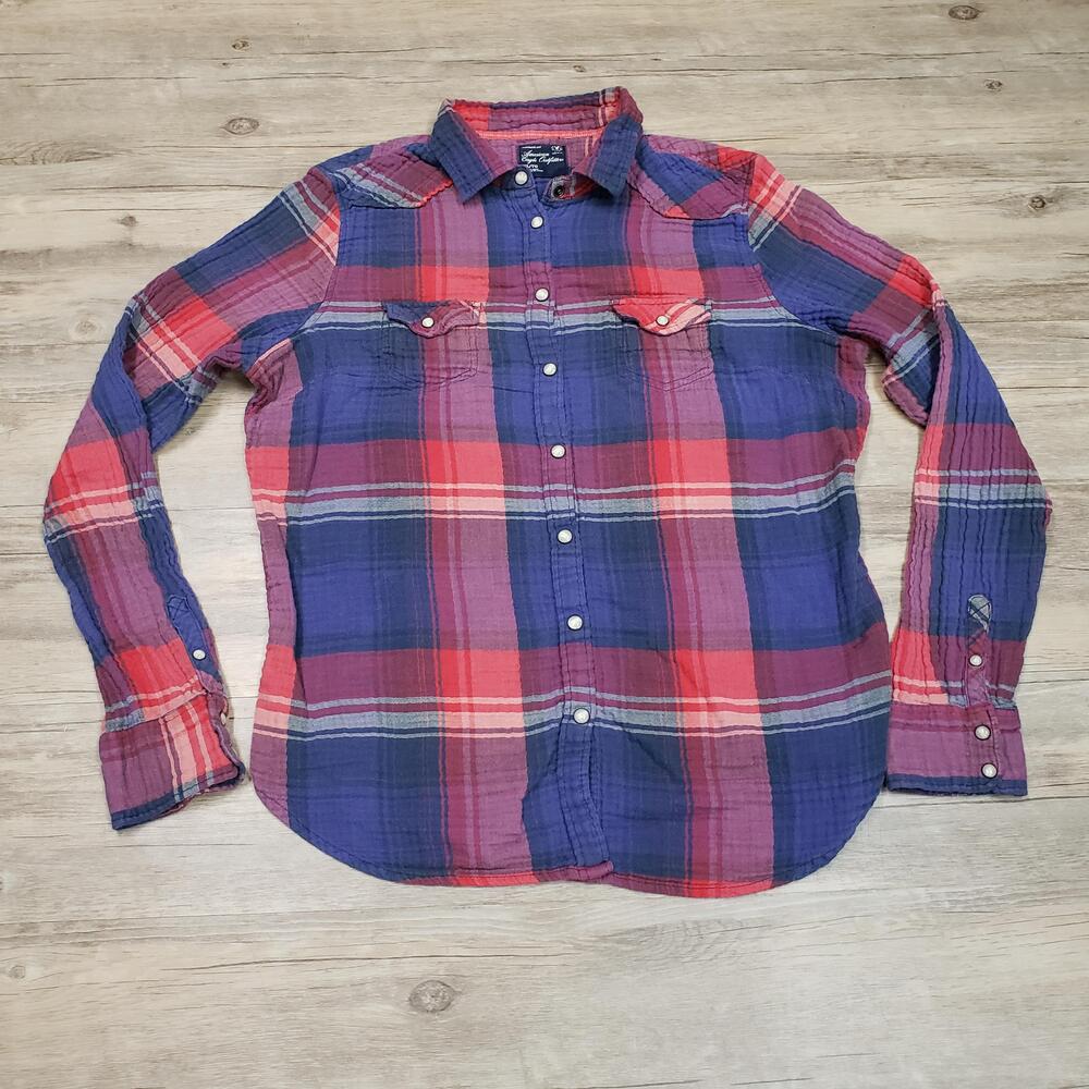 American Eagle Outfitters Shirt Womens XL Red Blue Plaid Button Down Long Sleeve